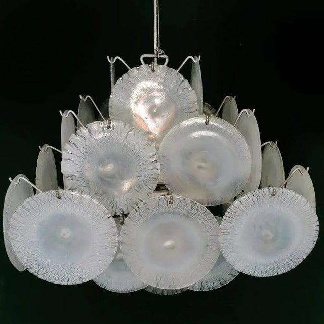 Chandelier 36 Murano Iridescent Glass Discs 70s attributed to Gino Vistosi for Vistosi, in Flawless conditions. Designed...