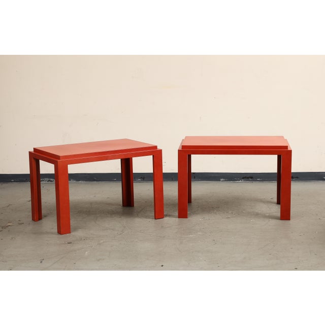 Pair of Hand-Tooled Red Leather Tables With Gold Diamond Pattern Tops ...