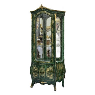 Rococo Style Green and Gold Vitrine Cabinet For Sale