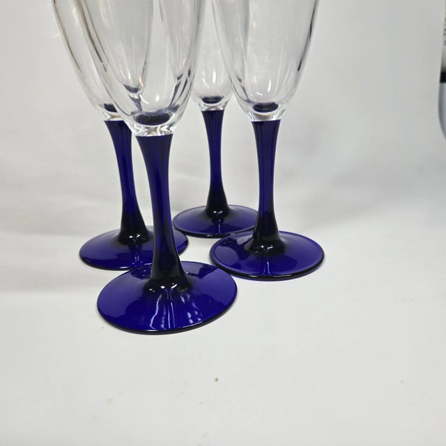 Cobalt Stemmed Champagne Flutes- Set of Four For Sale - Image 9 of 11