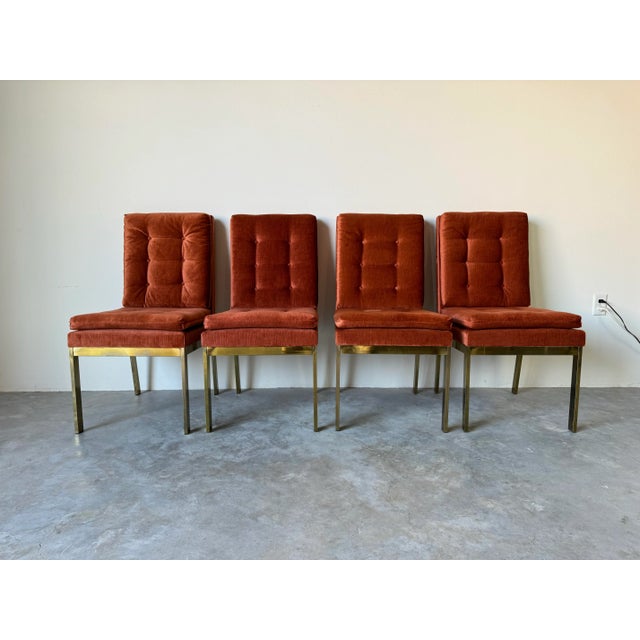Mid-Century Modern Set of Four Mid- Century Brass & Orange Velvet Chenille Dining Chairs by Milo Baughman for Dia For Sale - Image 3 of 12