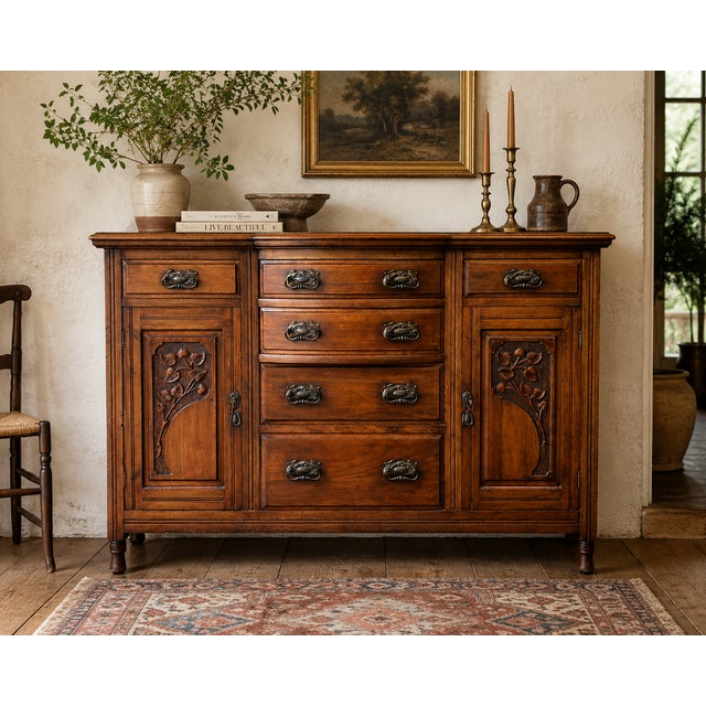 English Edwardian Art Nouveau Walnut Sideboard with Hand-Carved Floral Panels, 1900s For Sale - Image 3 of 15