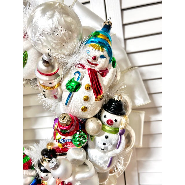2020s One-of-a-Kind Christmas Wreath With Vintage Blown Glass Snowman Ornaments For Sale - Image 5 of 11