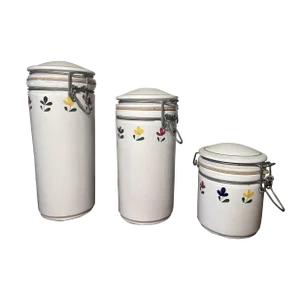 Set of 4 Vintage White With Hand-Painted Tulips Ceramic Canisters