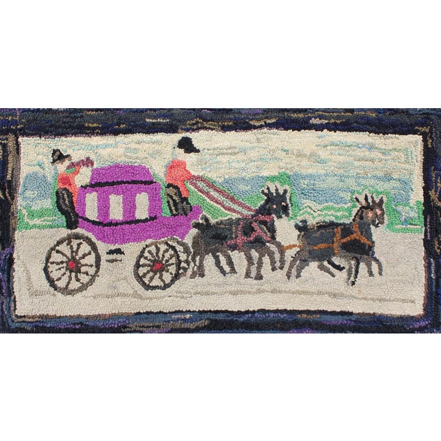 Purple, black and light tones in this antique American hooked rug with horse and buggy, rug , country of origin / type:...
