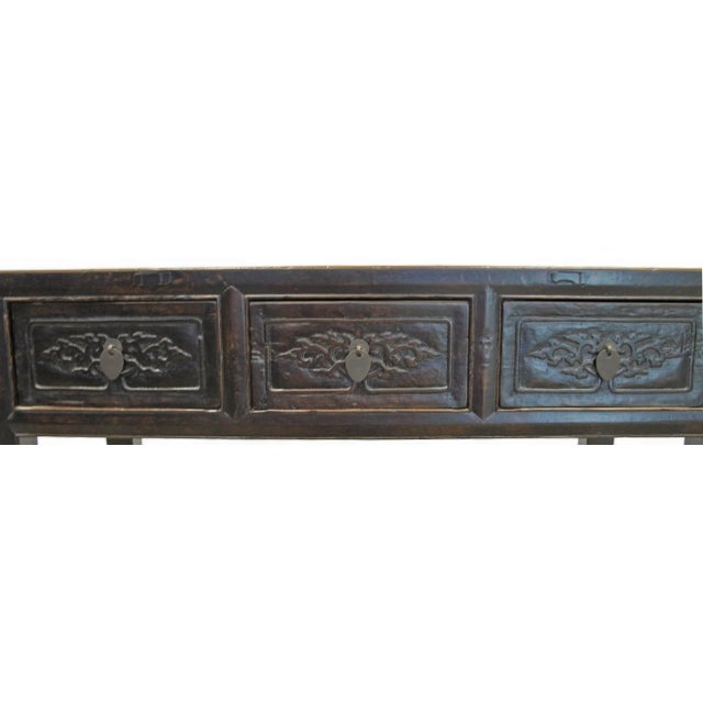Antique Asian 3-Drawer Dark Brown Elm Console Table For Sale - Image 10 of 11