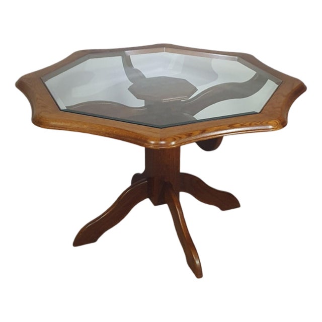Octagonal Oak Dining Table with Inlaid Glass Top For Sale