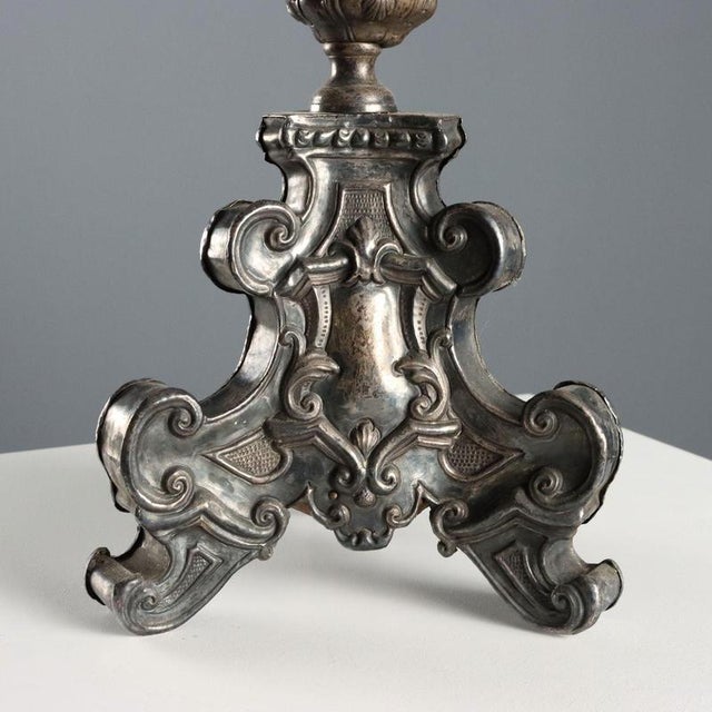 Metal Embossed and Patinated Silver Sheet Metal Torchlight For Sale - Image 7 of 9