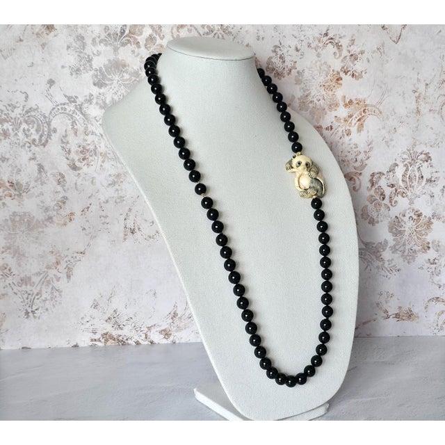 Art Deco Vintage Onyx 14k Gold Necklace With Antique Ivory Panda Netsuke For Sale - Image 3 of 9