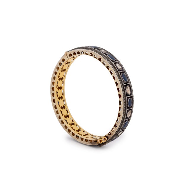 14k Gold Sterling Silver Diamond Sapphire Bangle For Sale - Image 4 of 8