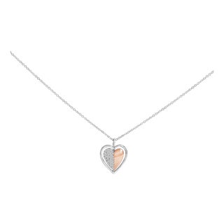 10K Rose Gold Plated Sterling Silver 1/5 Cttw Diamond Two-Tone Heart Pendant Necklace For Sale