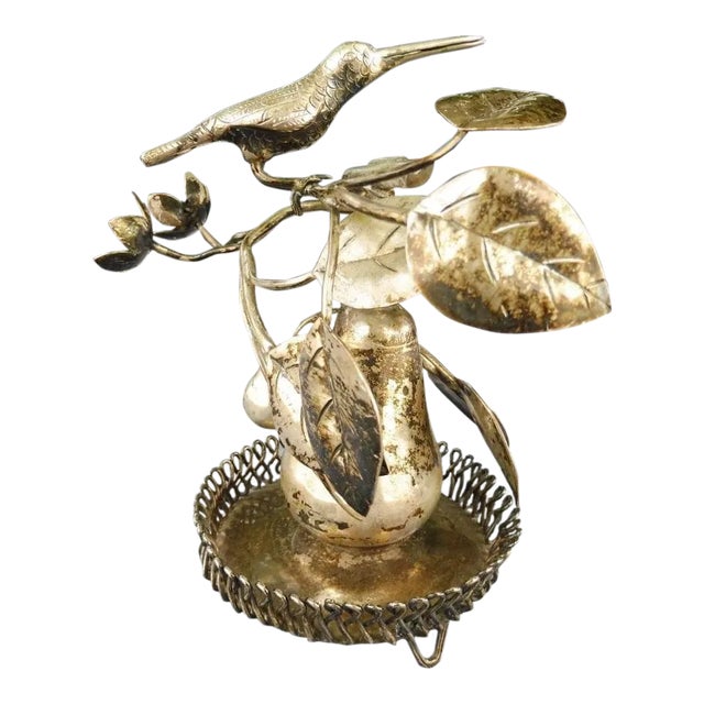 18th C Brazilian Colonial Silver Toothpick Holder Bird on a Pear Tree W Flowers Great Table Fare For Sale