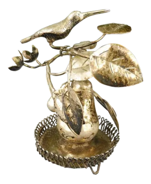 18th C Brazilian Colonial Silver Toothpick Holder Bird on a Pear Tree W Flowers Great Table Fare