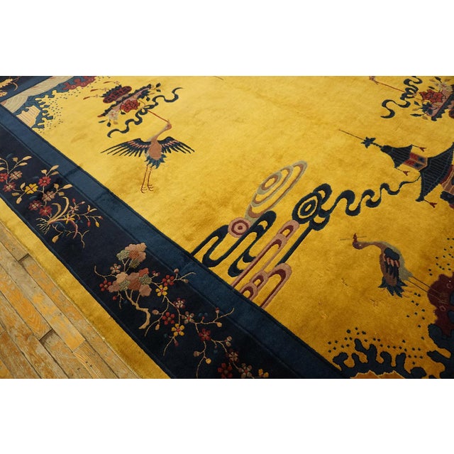 1920s Canary Yellow Scene Pictoral Antique Chinese Art Deco Hand Knotted Rug 9'x 11' 7" Wool Carpet For Sale In New York - Image 6 of 17