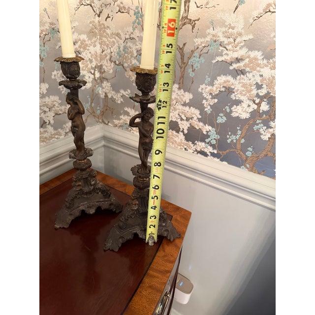 Pair of }Italian Renaissance-Revival Bronze Candlesticks For Sale - Image 14 of 15