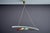 A sculptural 1950s Italian pendant with a sweeping frosted glass shade, brass structure, and three playful colored...