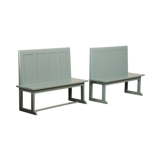Vintage Painted Paneled Back Benches - A Pair For Sale - Image 4 of 13