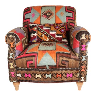 Handmade Armchair Upholstery With Tribal Handwoven Vintage Kilim For Sale