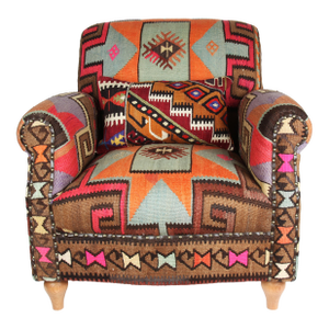 Handmade Armchair Upholstery With Tribal Handwoven Vintage Kilim