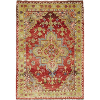 Antique Turkish Oushak Medallion Rug in Red, Chartreus Green Gray & Light Blue For Sale