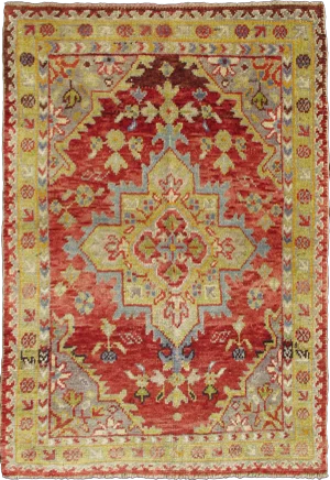 Antique Turkish Oushak Medallion Rug in Red, Chartreus Green Gray & Light Blue