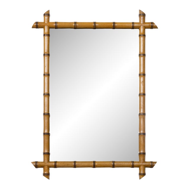 French Turn of the Century Walnut Faux Bamboo Light Brown Wall Mirror, 1900s For Sale