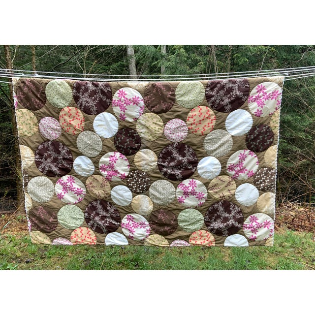 Hippie-Chic Japanese Cotton Medallion Quilt — Chocolate Brown & Pink Floral Circles, Hand Quilted, 66x88P For Sale - Image 17 of 18