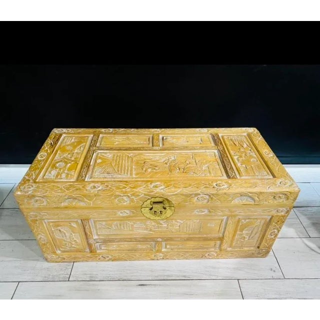 Early 20th Century Yellow Chinese Carved Camphor Wood Chest For Sale In Miami - Image 6 of 9