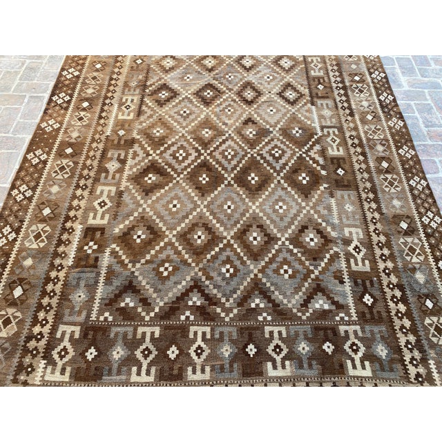 Afghan Ghalmori Maimana Kilim Rug 8x14 Ft, Handwoven Brown Gray Blue Bordered Flatweave, Large Tribal Area Rug For Sale - Image 6 of 15