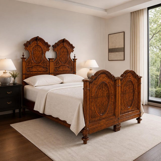 This magnificent antique Italian double bed is an exceptional example of refined cabinetmaking, crafted in solid walnut...