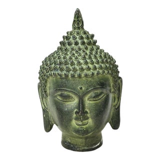6" Vintage Green Bronze Patina Metal Finish Rustic Buddha Head Display Figure For Sale