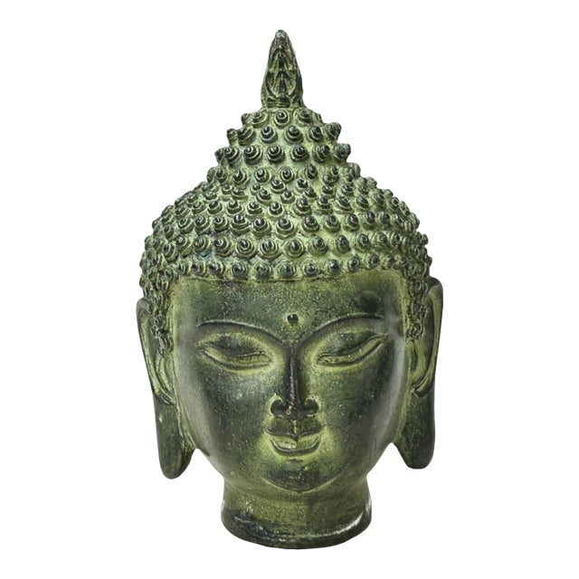 6" Vintage Green Bronze Patina Metal Finish Rustic Buddha Head Display Figure For Sale