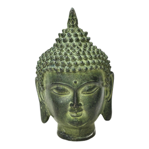 6" Vintage Green Bronze Patina Metal Finish Rustic Buddha Head Display Figure