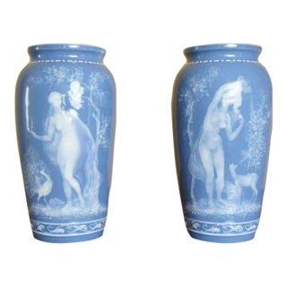 Pair of Antique Limoges Pâte-Sur-Pâte Blue Porcelain Vases For Sale