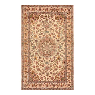 1940s Ivory Medallion Antique Persian Tabriz Silk Rug 5' 10" X 9' 4" Handknotted Wool Carpet For Sale