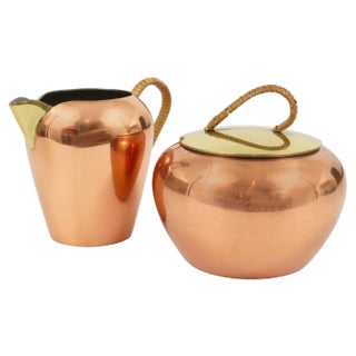 Austrian Copper and Brass Milk Creamer and Sugar Bowl with Lid, 1950s, Set of 2 For Sale