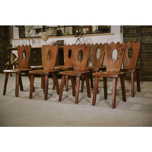 Brutalist Chairs in Elm from Aranjou, 1950s, Set of 8 For Sale - Image 4 of 14