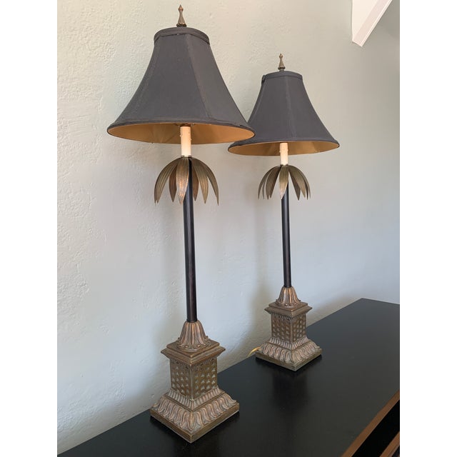 French Late 20th Century Large Palm Buffet Lamps With Brass Accents and Black Shades, Pair For Sale - Image 3 of 13