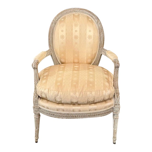 18th Century French Louis XVI Carved and Painted Armchair For Sale