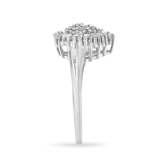 Early 21st Century 10K White Gold 1/2 Cttw Round & Baguette Cut Diamond Pear Shaped Domed PavÃ© Cluster with Halo Cocktail Ring - Size 7-1/4 For Sale - Image 5 of 7