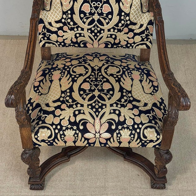 19th Century French Renaissance Revival Hand Carved Oak Armchair For Sale - Image 10 of 17