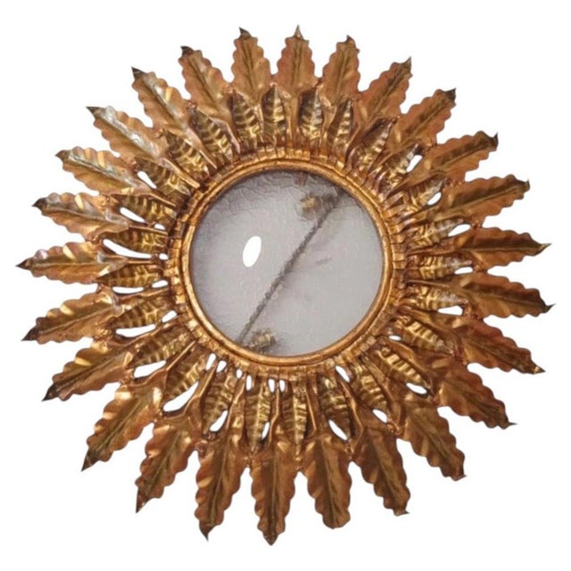 Large Spanish Sunburst Flush Mount in Gilt Metal with Support, 1950 For Sale - Image 10 of 10