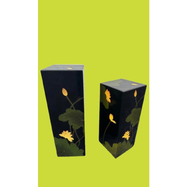 Black Vintage Asian Floral Lacquer Pedestals - a Pair For Sale - Image 8 of 12