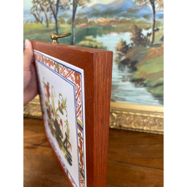Vintage French Faience Style Ceramic Tile With Hand-Painted Floral Motif in Wood Frame. For Sale - Image 9 of 10
