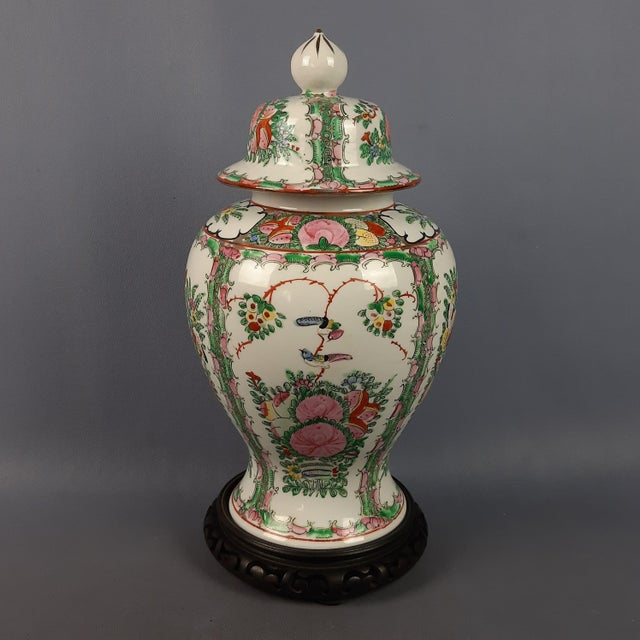 Vintage Hand-Painted Potiche Porcelain Vase with Wooden Base, 1950s For Sale - Image 3 of 11