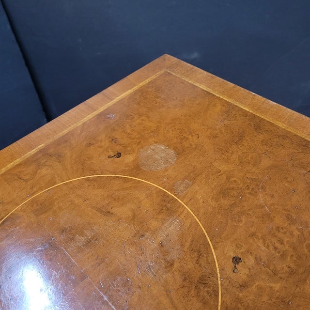 Late 20th Century English Burl Walnut Inlaid Cabriolet Leg 3 Drawer Lowboy For Sale - Image 4 of 10