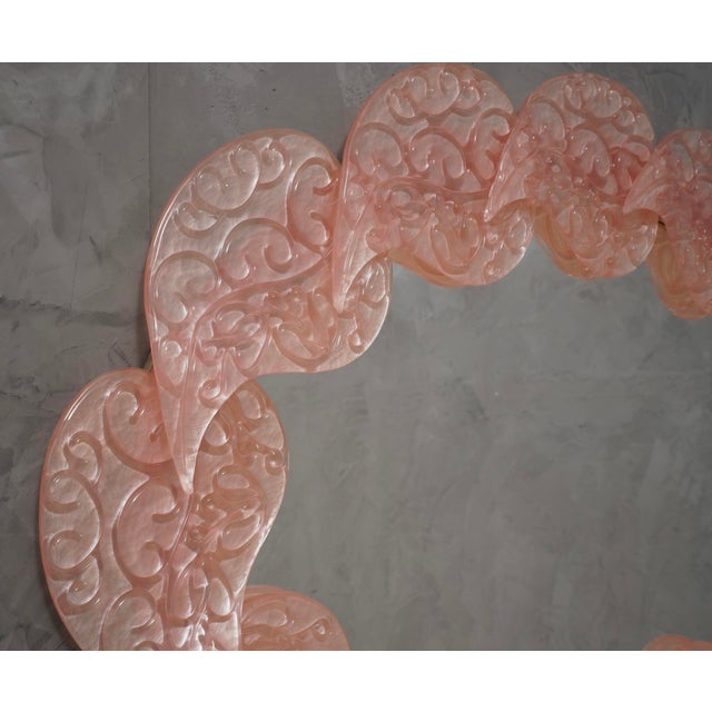 Mid-Century Modern Mid-Century Italian Oval Pink Murano Glass and Brass Wall Mirror, 2000s For Sale - Image 3 of 10