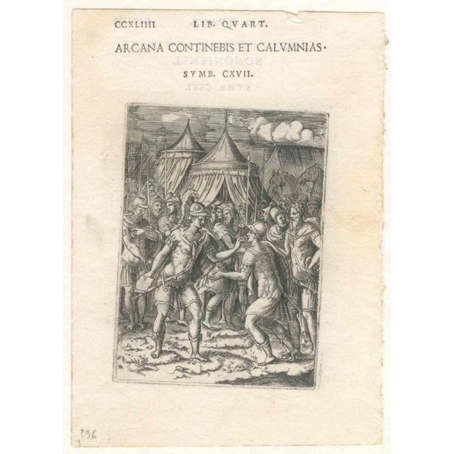 Four engravings from 'emblemi di achille bocchi', realized in 1555, are original engravings. Dimension: 17 x 12,5 cm each....