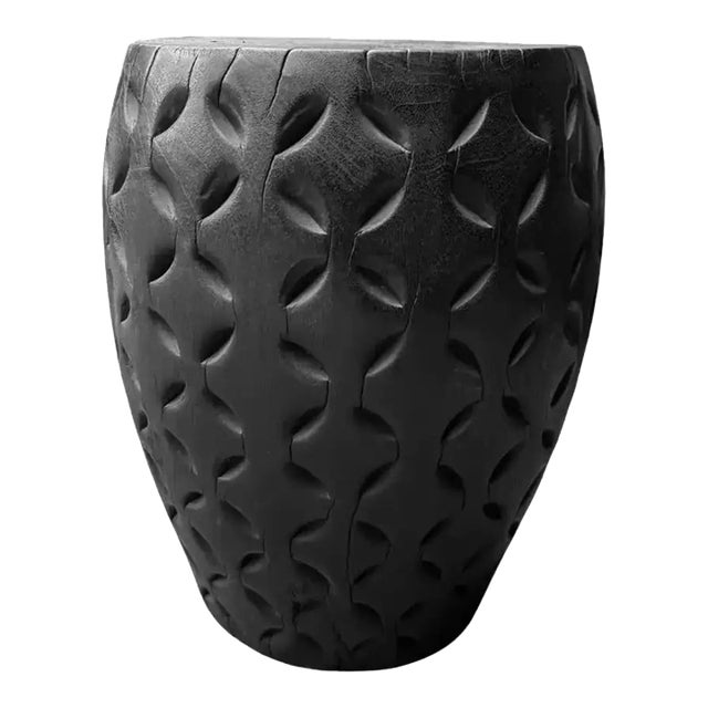 Sculptural Mango Wood Side Table, Hand-Crafted Modern Organic, Batik Detailing For Sale