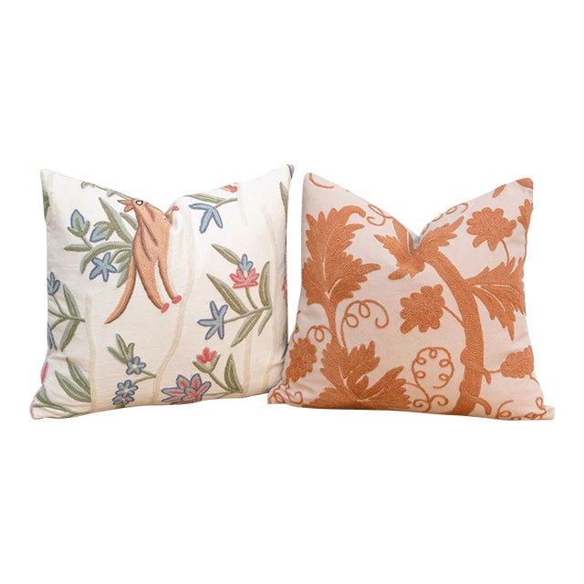 Set of 2, Hand Embroidered Crewel Botanical Pillows For Sale